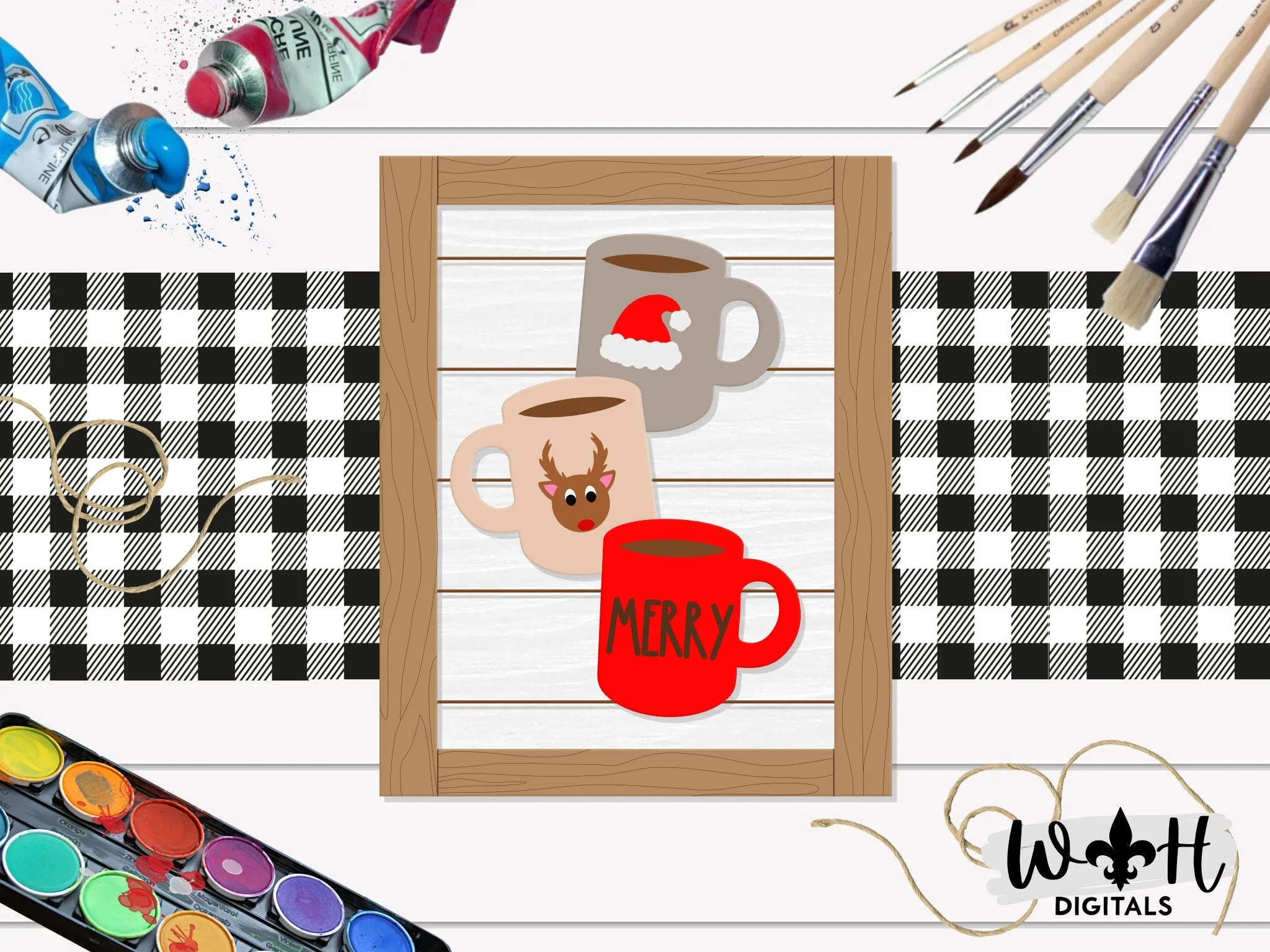 Merry Stacked Coffee Mugs Farmhouse Frame Sign - Christmas Tiered Tray Decor and DIY Kits - Cut File For Glowforge Lasers - Digital SVG File