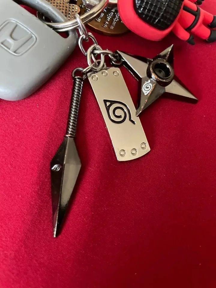 Naruto Anime | Kunai Shuriken Headband TRIO | Metal Keychain