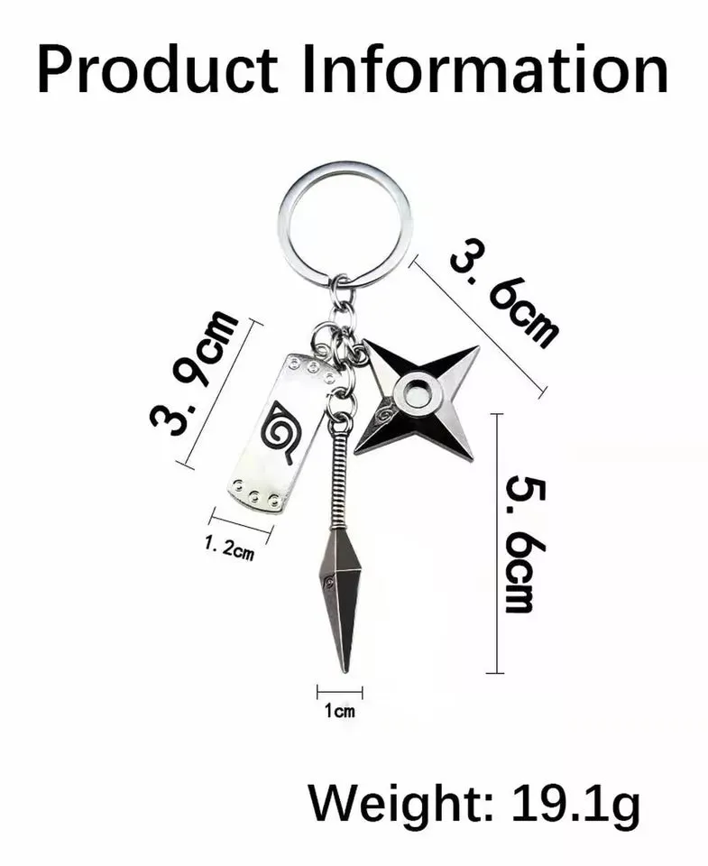Naruto Anime | Kunai Shuriken Headband TRIO | Metal Keychain