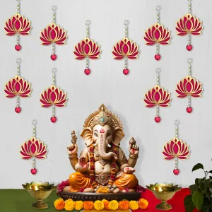 Party Propz Handmade Lotus Hangings for Decoration -12Pcs 8Inch Wall Decor Lotus Latkan Toran with Lotus Buds | MDF Floral Wall Hangings for Temple Decor | Main Door Entrance | Latkan for Home Decor