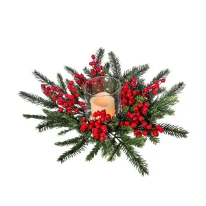 Regency International 16" Mountain Fir Waterproof Berries Glass Hurricane