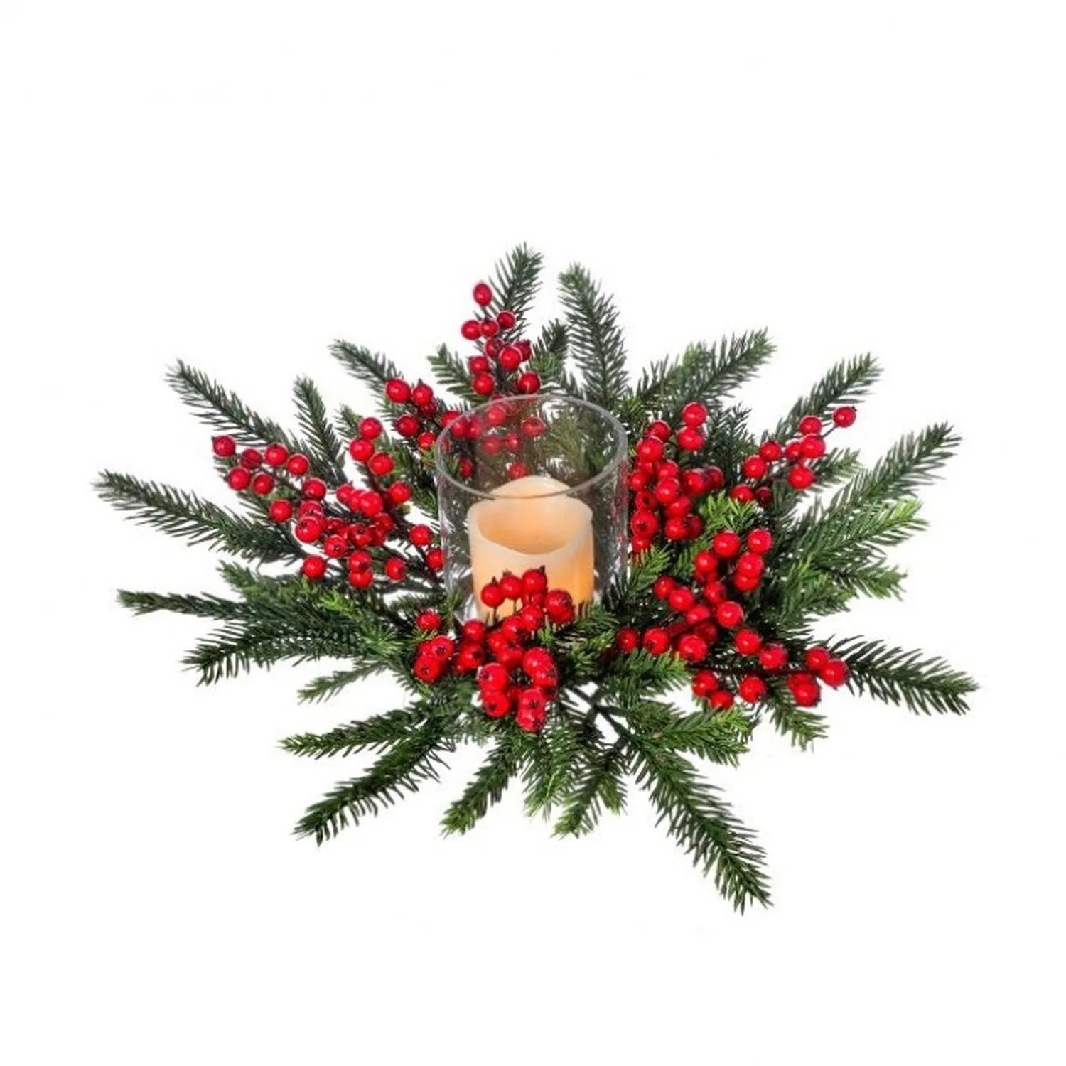 Regency International 16" Mountain Fir Waterproof Berries Glass Hurricane