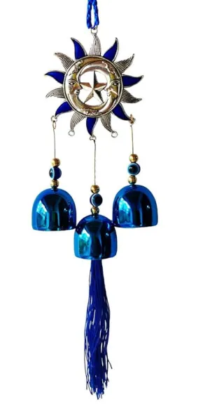 Revashree Craft World Sunmoon Chakra with 3 Bells Blue Wall Hanging Evil Eye Wind Chimes for Home Décor Items for Living Room Entrance Balcony Garden for Positive Energy Protection Vastu