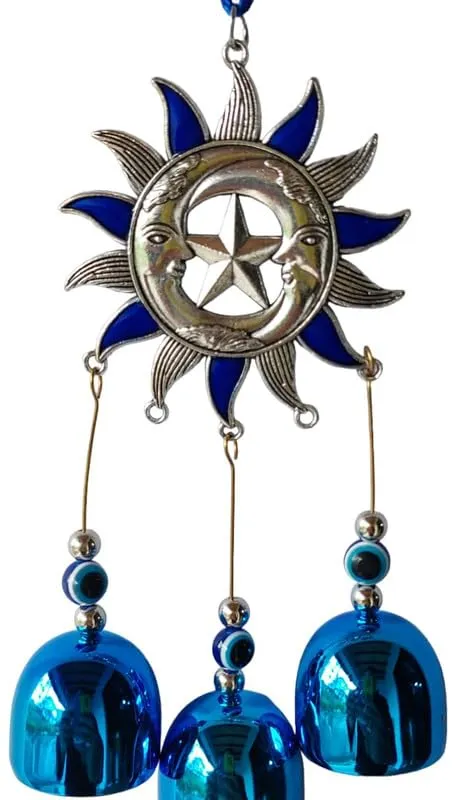 Revashree Craft World Sunmoon Chakra with 3 Bells Blue Wall Hanging Evil Eye Wind Chimes for Home Décor Items for Living Room Entrance Balcony Garden for Positive Energy Protection Vastu