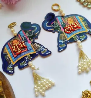 Shubh Labh Elephant Door Hanging Decoration, Blue and Gold, 1 Pair