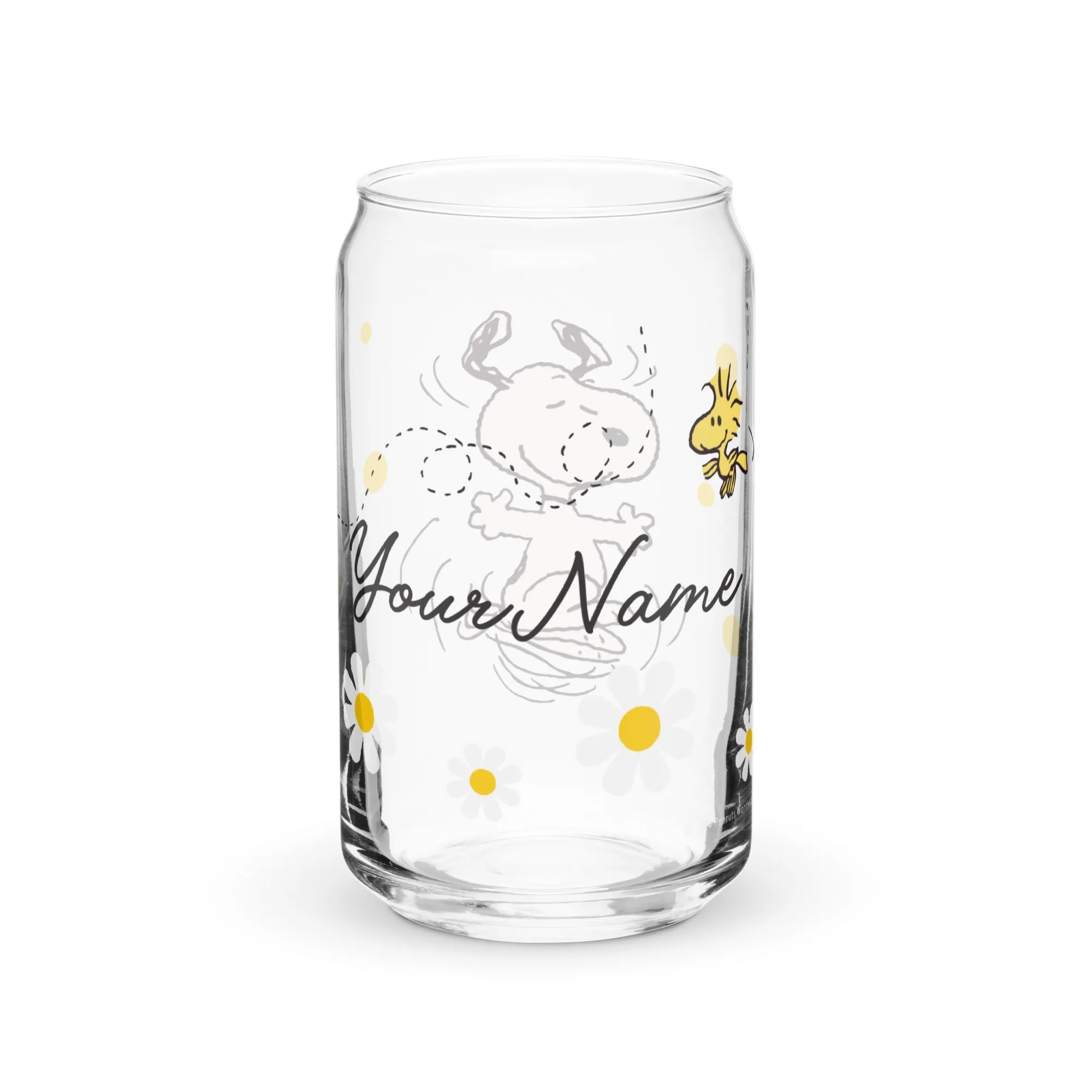 Snoopy and Woodstock with Flowers Personalized Can Shaped Glass