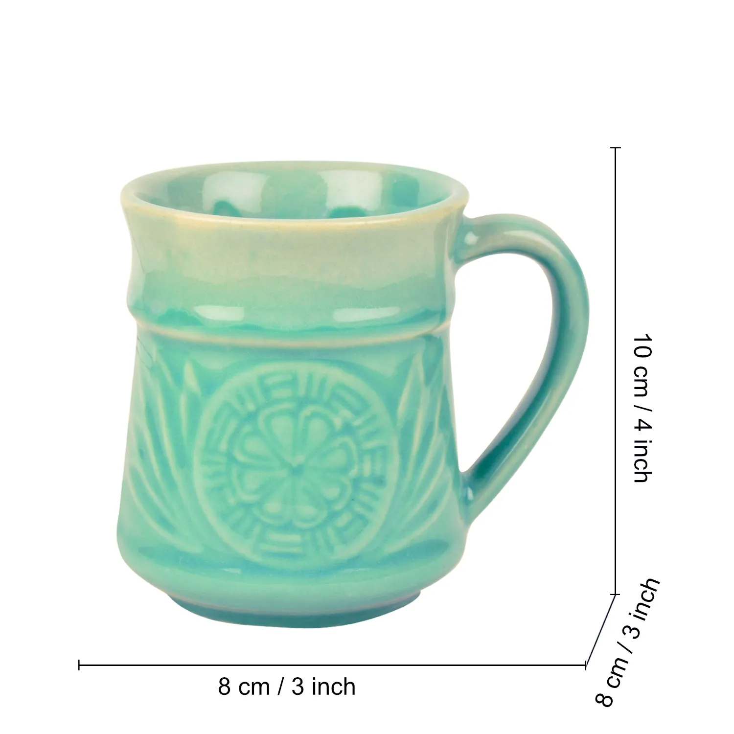 Studio Pottery Etched Ceramic Coffee Mugs (300 ml each, Set of 2, Turquoise)