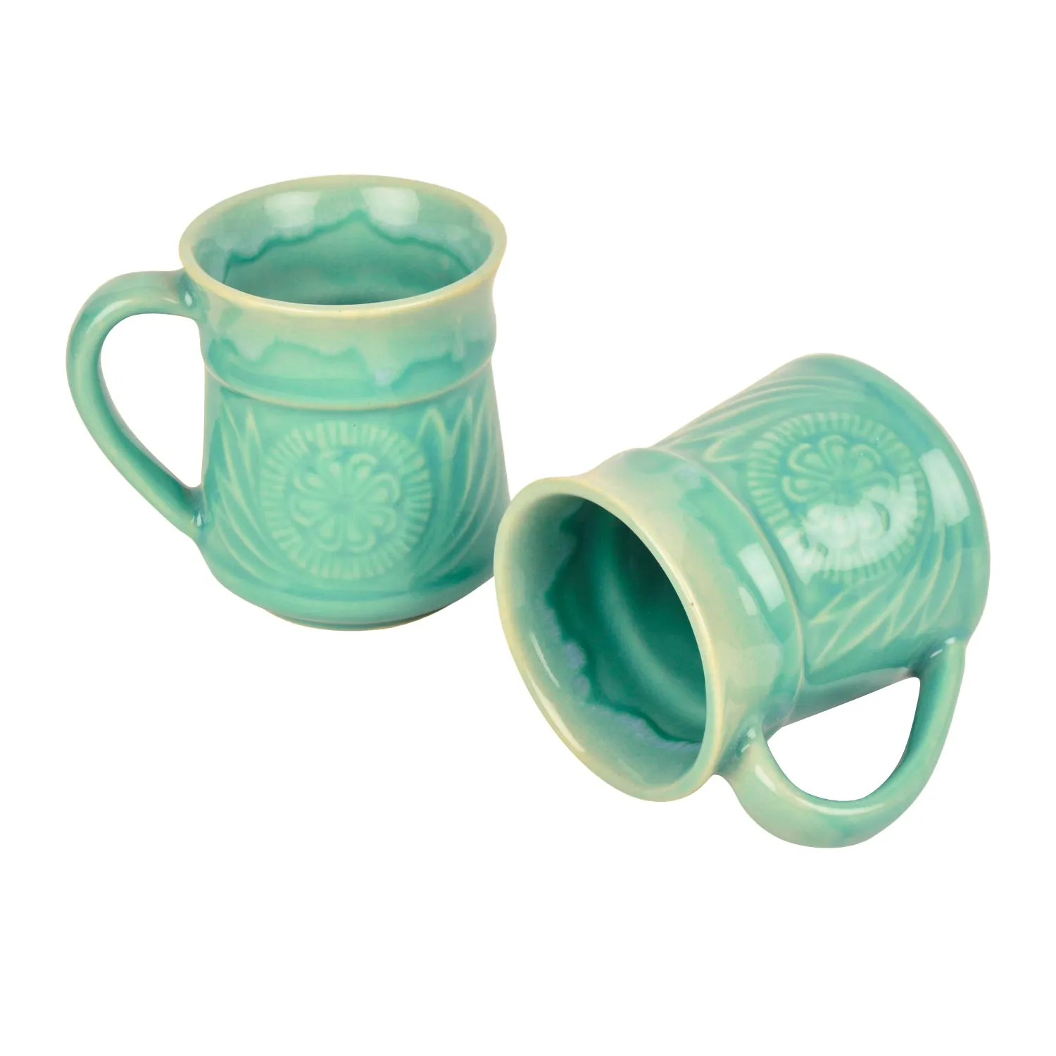 Studio Pottery Etched Ceramic Coffee Mugs (300 ml each, Set of 2, Turquoise)