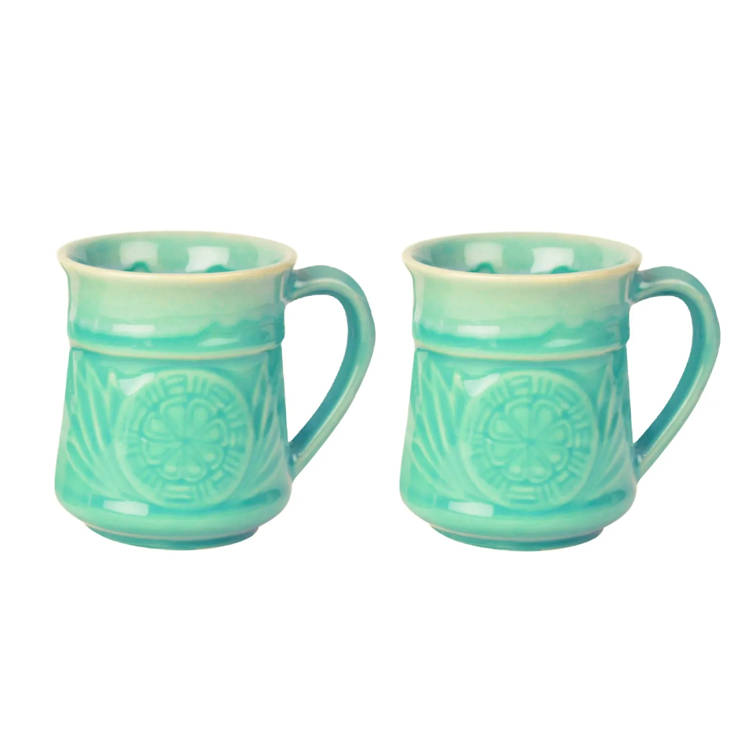 Studio Pottery Etched Ceramic Coffee Mugs (300 ml each, Set of 2, Turquoise)