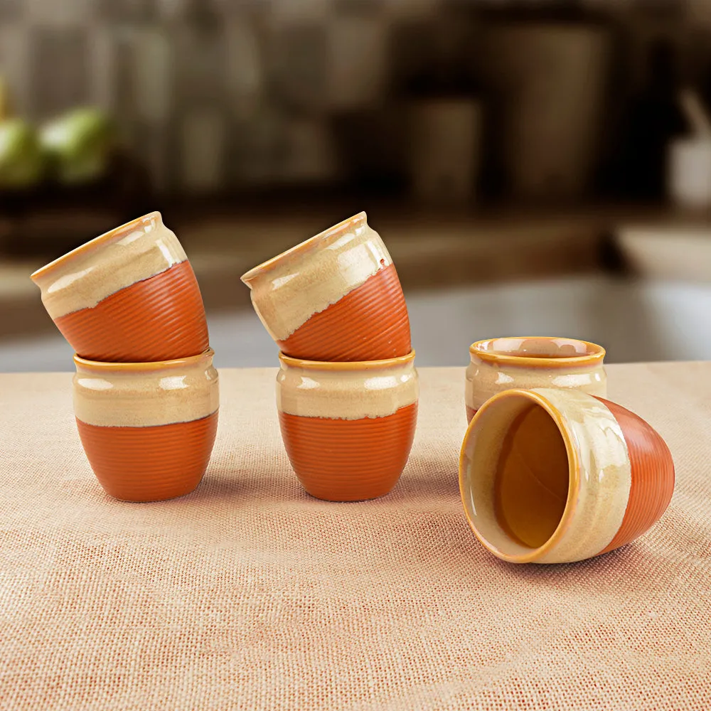 Studio Pottery Glazed Dual Tone Ceramic Tea Kullads (Set of 6, Terracotta Brown, Off White)