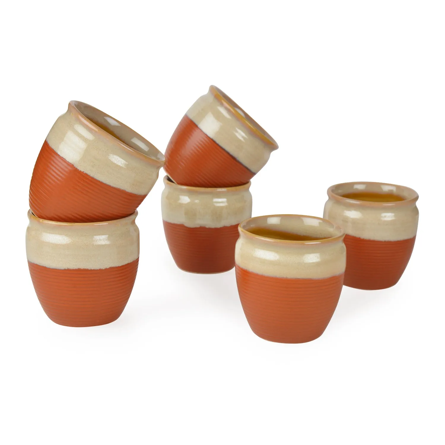 Studio Pottery Glazed Dual Tone Ceramic Tea Kullads (Set of 6, Terracotta Brown, Off White)