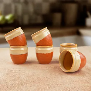 Studio Pottery Glazed Dual Tone Ceramic Tea Kullads (Set of 6, Terracotta Brown, Off White)