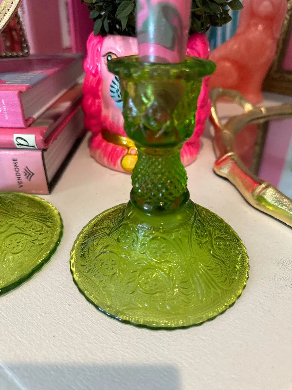 Vintage Candlesticks, Colony Sandwich Glass, Lime Green, Pair