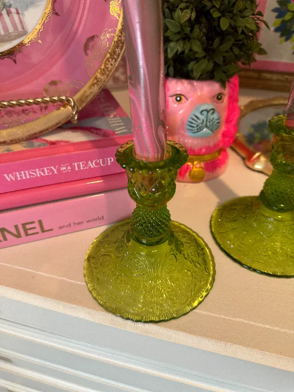 Vintage Candlesticks, Colony Sandwich Glass, Lime Green, Pair