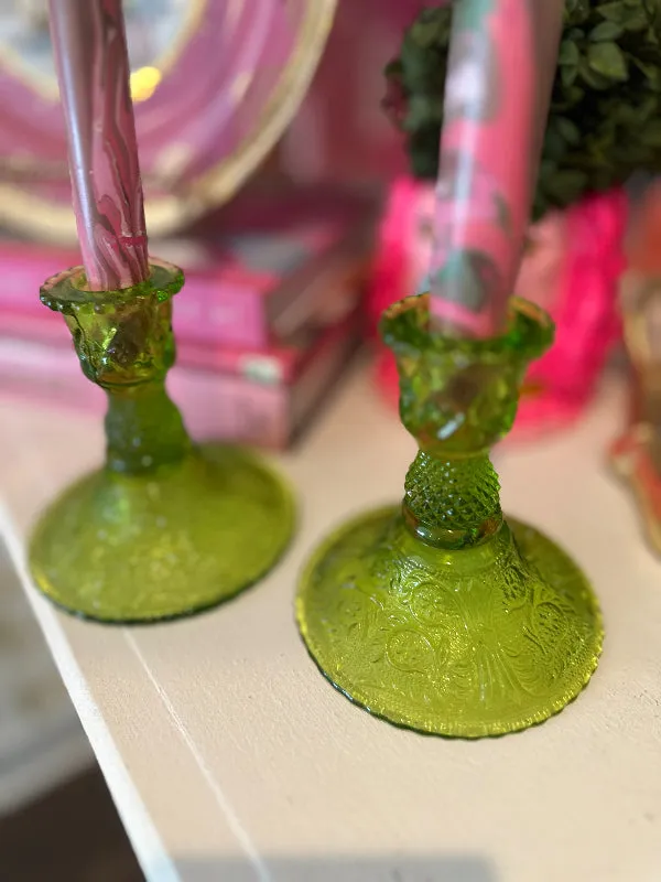Vintage Candlesticks, Colony Sandwich Glass, Lime Green, Pair