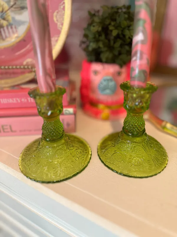 Vintage Candlesticks, Colony Sandwich Glass, Lime Green, Pair