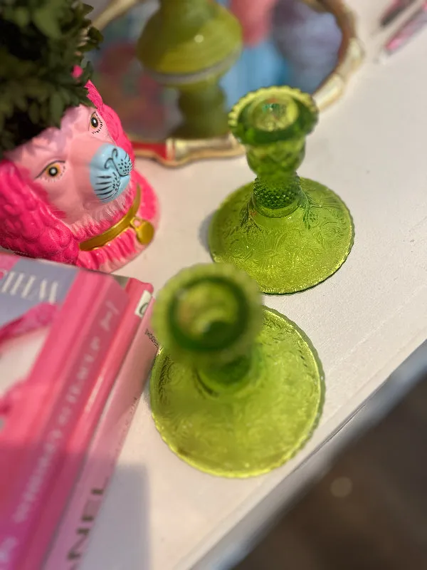 Vintage Candlesticks, Colony Sandwich Glass, Lime Green, Pair
