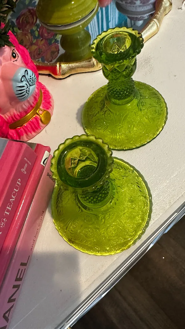 Vintage Candlesticks, Colony Sandwich Glass, Lime Green, Pair