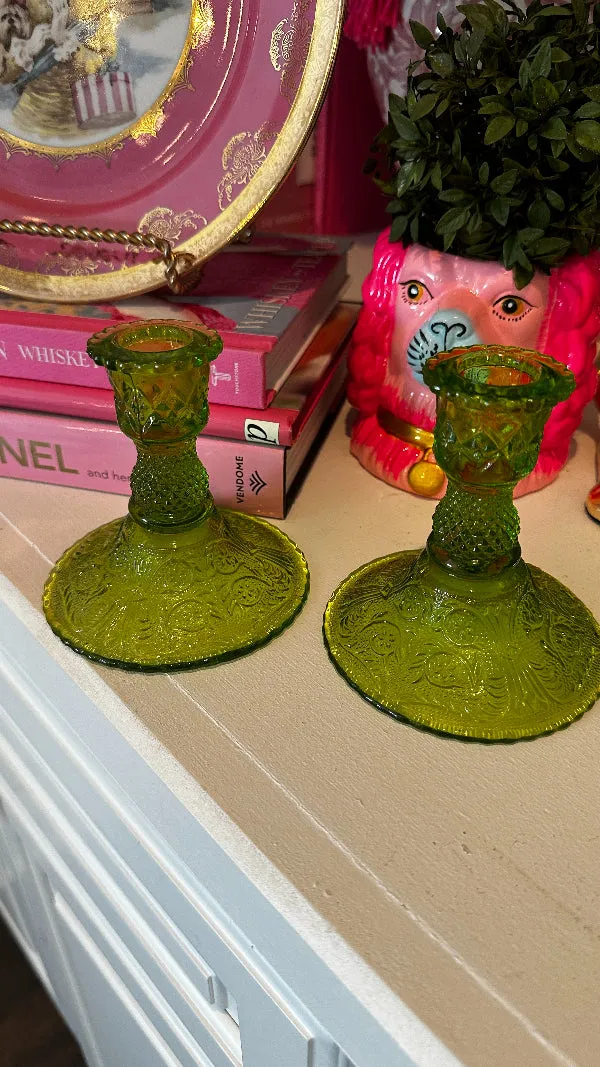 Vintage Candlesticks, Colony Sandwich Glass, Lime Green, Pair