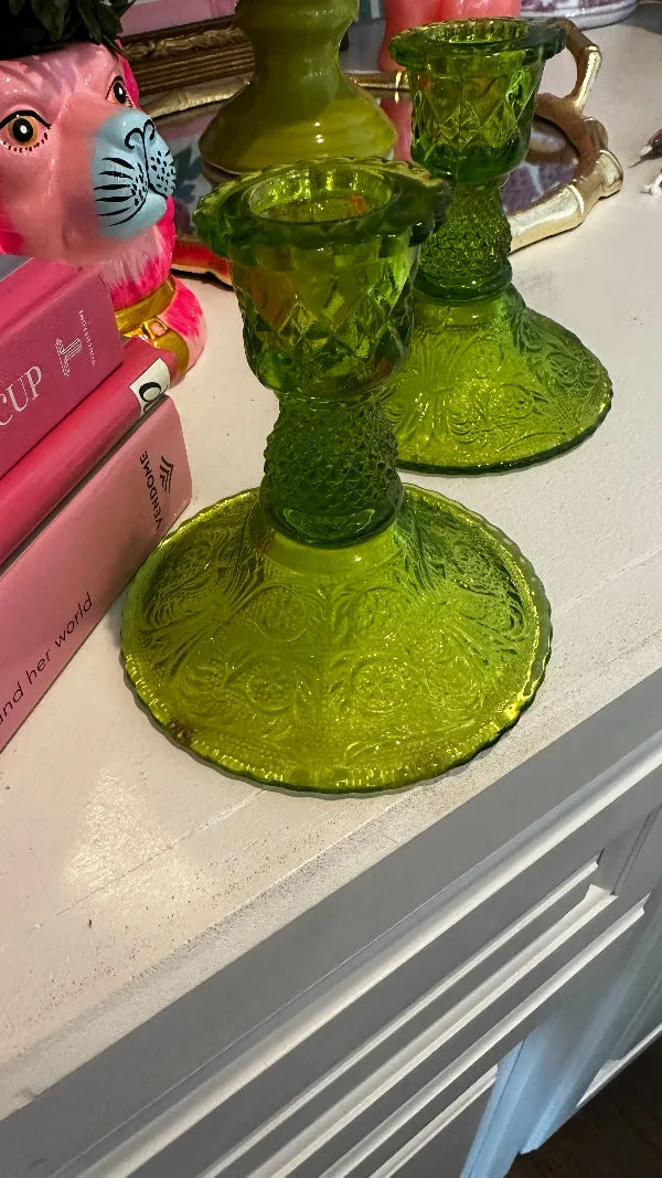 Vintage Candlesticks, Colony Sandwich Glass, Lime Green, Pair