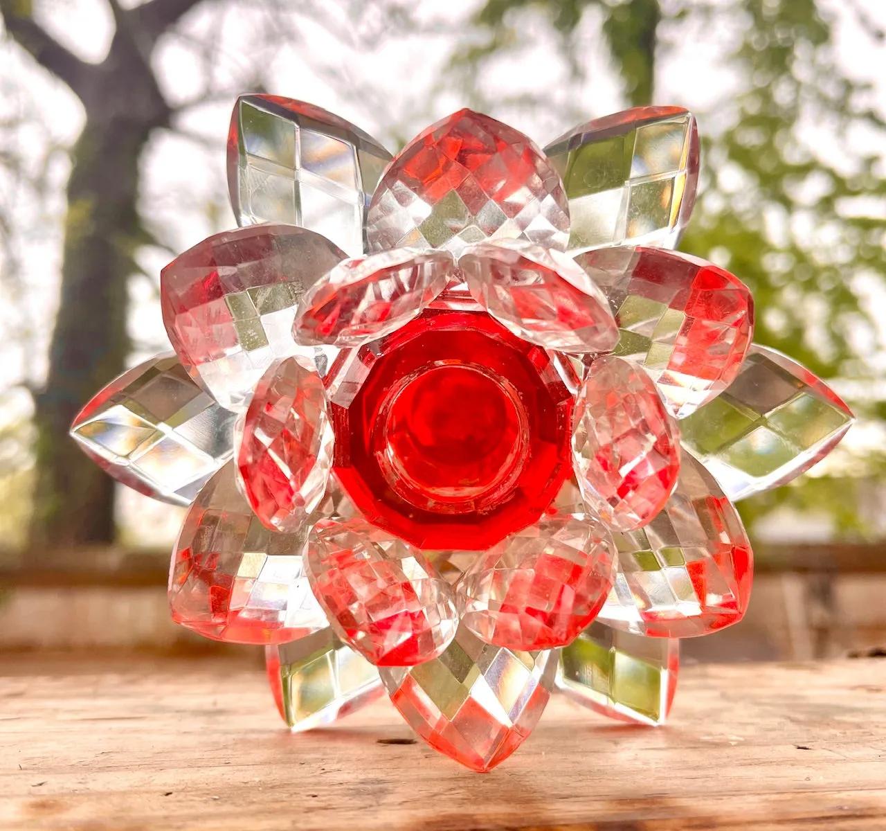 Vintage Ruby Red & Clear Lotus Flower 🪷 Crystal Prisms Taper Candle Holder