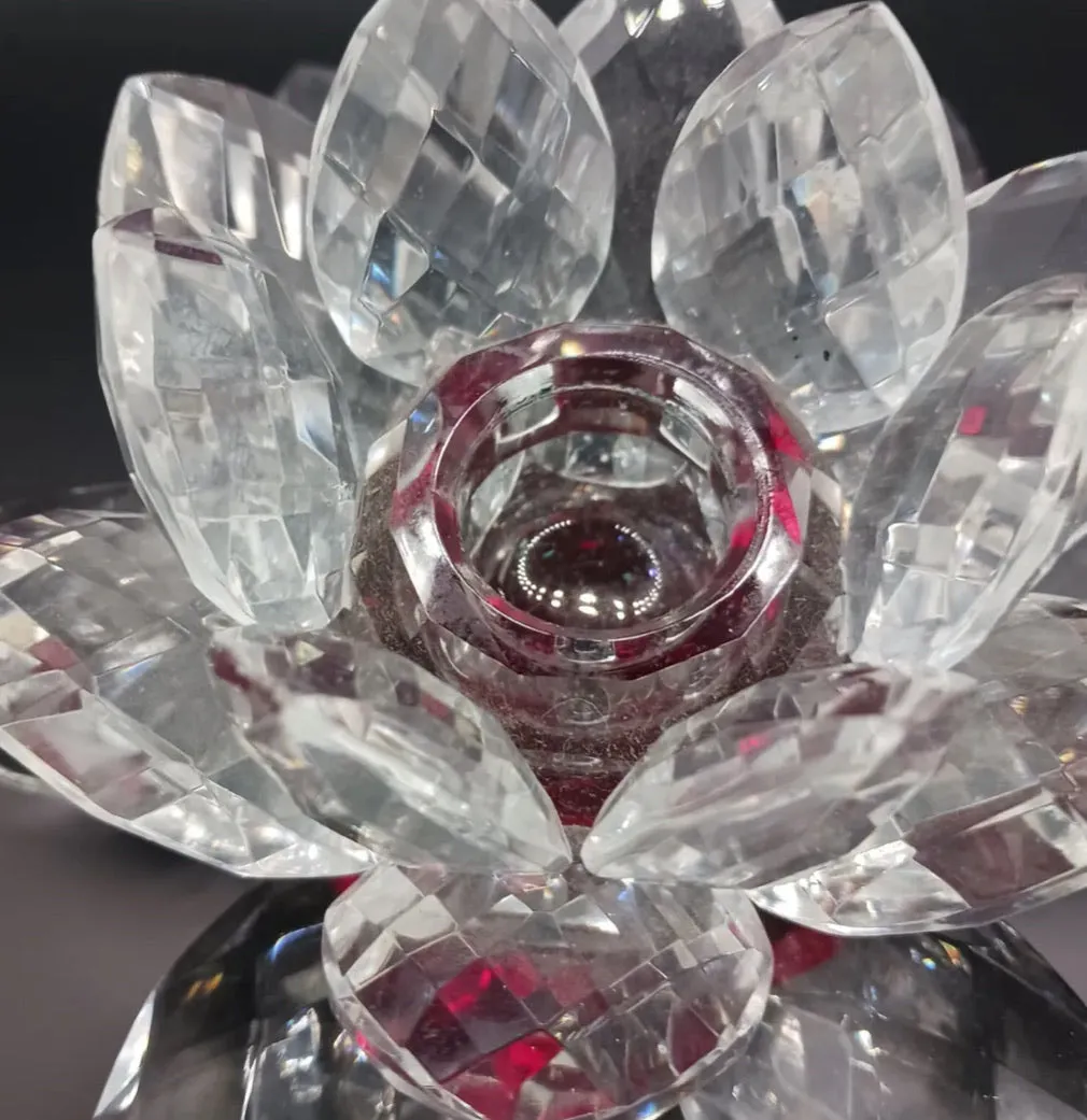 Vintage Ruby Red & Clear Lotus Flower 🪷 Crystal Prisms Taper Candle Holder