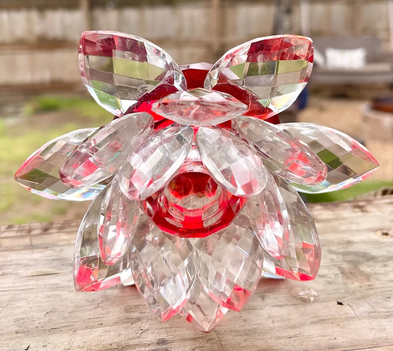 Vintage Ruby Red & Clear Lotus Flower 🪷 Crystal Prisms Taper Candle Holder