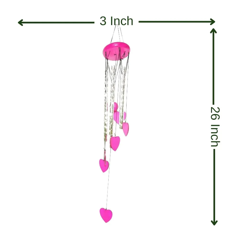 Wind Chimes with 5 Pipes and Heart Shaped Hangings - Pink Color