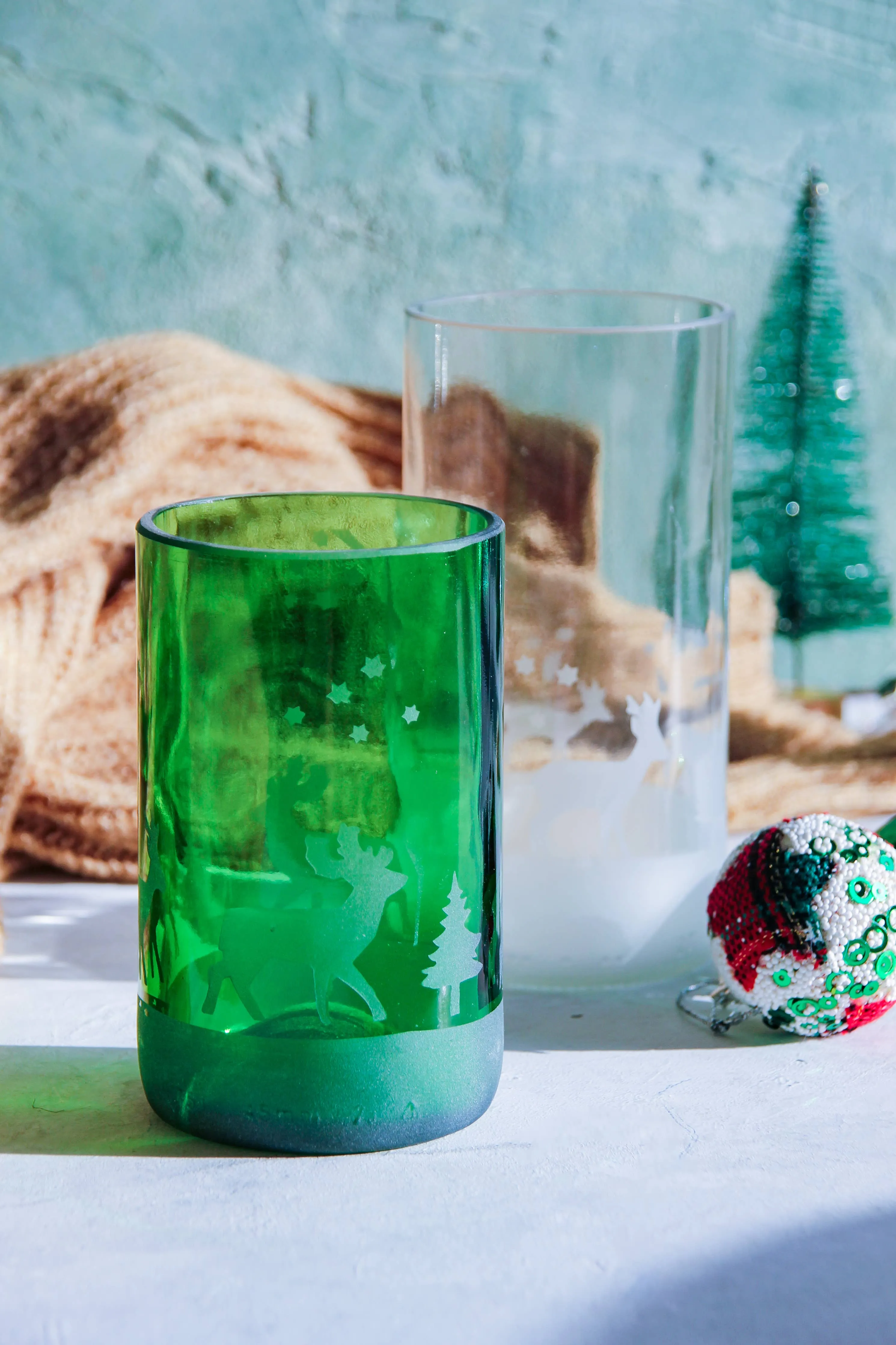 Winter Holiday Drinking Glasses Upcycled 2 Pack - 12/16 Oz.