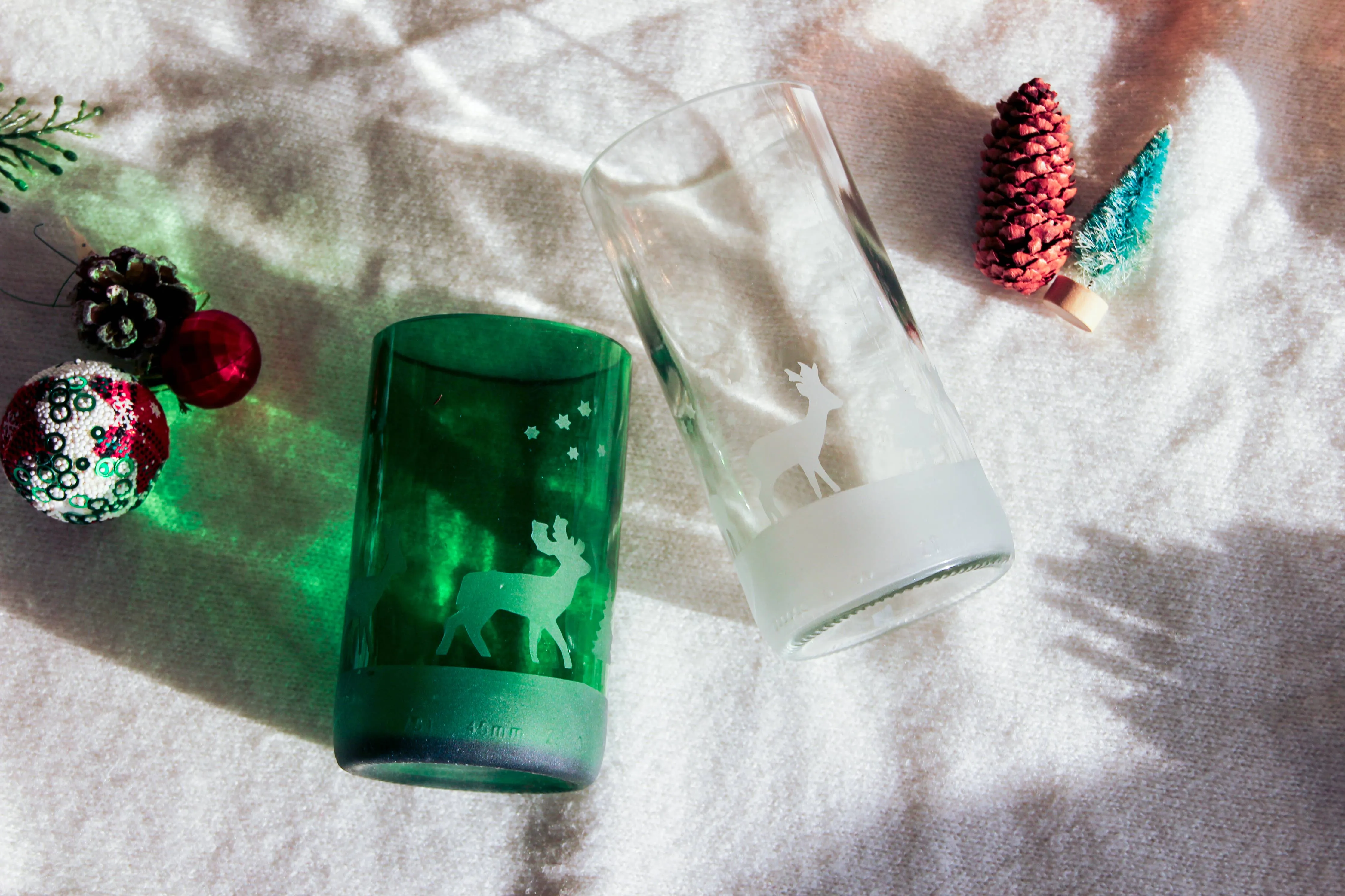 Winter Holiday Drinking Glasses Upcycled 2 Pack - 12/16 Oz.